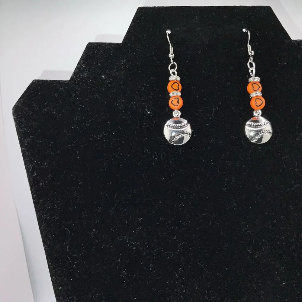 Baseball, Softball W/ Org. Hearts Hook Earrings Shiny Finish Silver PlayBall New